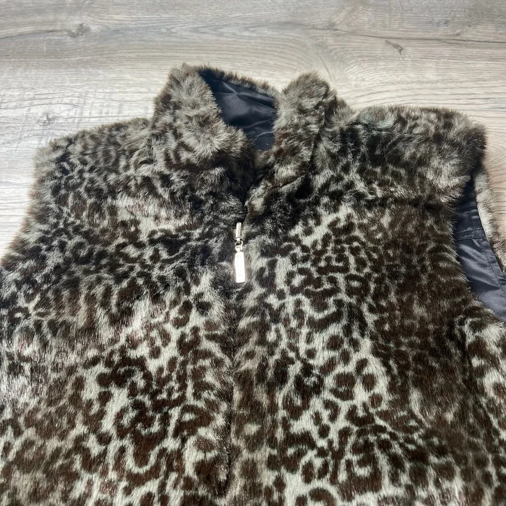 Guess Reversible Vest Womens M Brown Leopard Faux Fur Black Satin Zip Up AF47‎